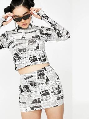 Current Mood Black & White Newspaper Print Mini Skirt